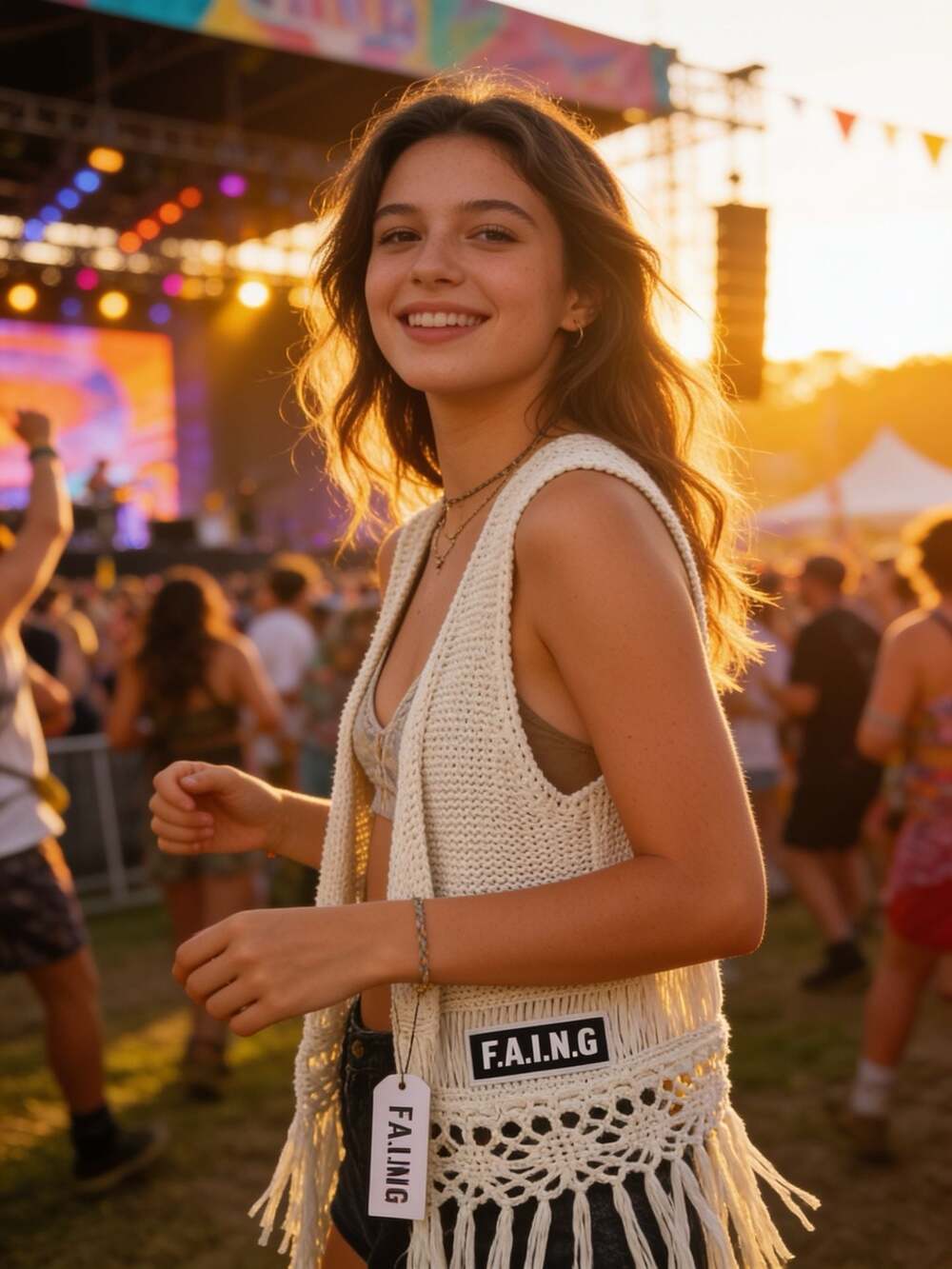 F.A.N.G Cream Crochet Sleeveless Festival Vest with Fringe Hem